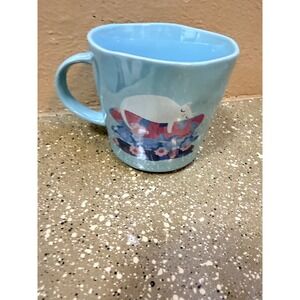 Fig & Fern Light Blue Sleeping White Cat Coffee Mug Ceramic Floral Whimsical